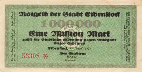 1 Million Mark 13.08.1923 Notgeld der Stadt Eibenstock