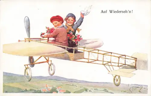 AK Auf Wiedersehen Kinder Flugzeug Luftfahrt Künstlerkarte K. Feiertag Nr 313-2