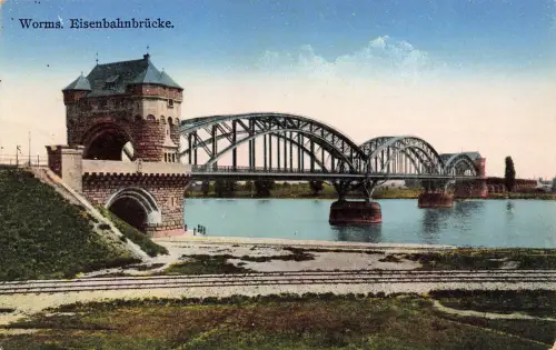 AK Worms Eisenbahnbrücke Rhein Rheinland-Pfalz 1930 gelaufen Postkarte