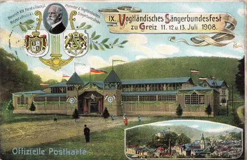 AK Greiz Vogtländisches Sängerbundfest Thüringen 1908 gelaufen Postkarte