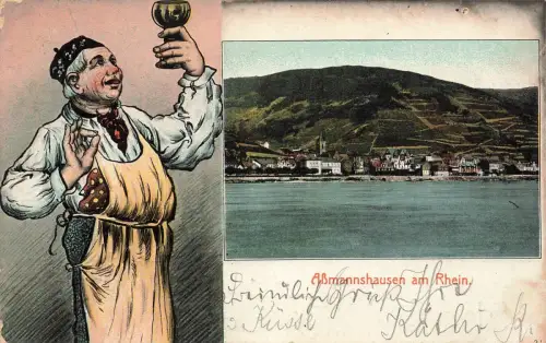AK Assmanshausen Winzer Wein Rheinansicht Hessen 19079 gelaufen Postkarte