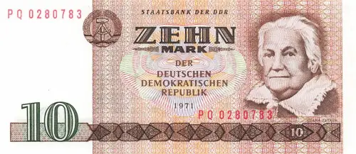 DDR Banknote, 10 Mark 1971 Clara Zetkin 359c KASSENFRISCH / UNC
