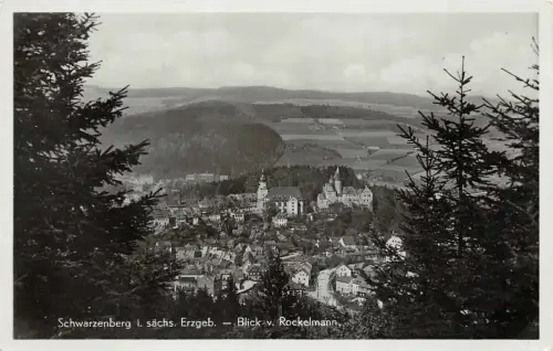 Blick vom Rockelmann auf Schwarzenberg Erzgebirge Sachsen Postkarte AK 1937