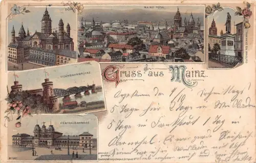 Gruss aus Mainz Dom Eisenbahnbrücke Centralbahnhof Litho AK 1897