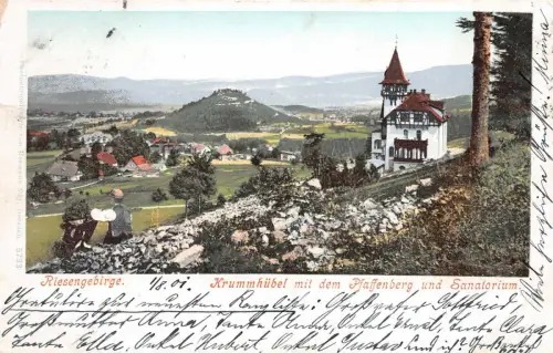 Riesengebirge Krummhübel mit dem Pfaffenberg und Sanatorium AK 1901