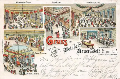 Chemnitz Sachsen Restaurant Reichels Neuer Welt Litho Postkarte 1906