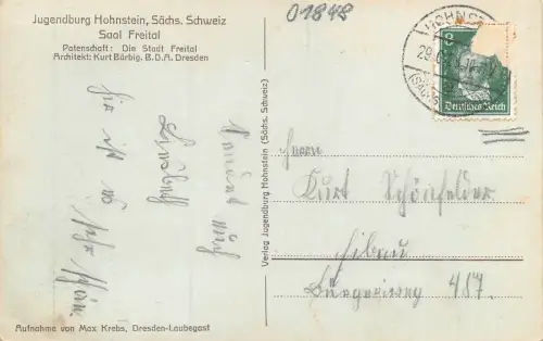 Jugendburg Hohnstein Sächs. Schweiz Saal Freital Postkarte AK 1928