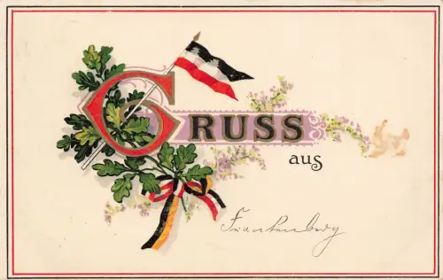 Gruss aus mit Eichenblätter und Reichsfahne Patriotika Postkarte AK 1916