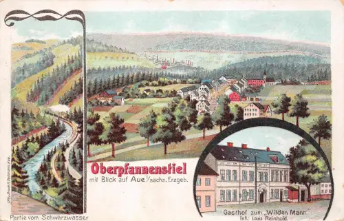 Oberpfannenstiel mit Blick auf Aue i/sächs. Erzgeb. Gasthof zum "Wilden Mann" AK