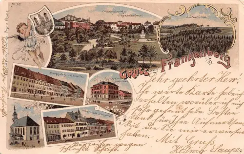 Gruss aus Frankenberg, Friedenspark,Marktplatz, Realschule, Postkarte 1905