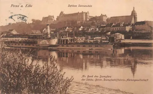 Partie an der Elbe mit Dampfer und Schloss Sonnenstein Pirna Sachsen AK 1926