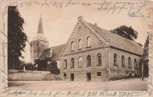 Blick auf Kirche und Schule Wremen Cuxhafen Niedersachsen Postkarte AK 1922