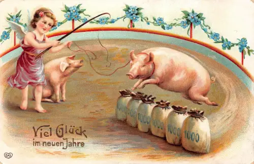 Neujahr Postkarte Engel mit Glückschweine 31.12.1909