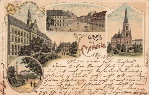 Gruss aus Chemnitz mit Johannisplatz und Börse Sachsen Litho Postkarte AK 1897