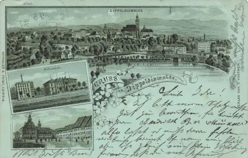 Gruss aus Dippoldiswalde Müllerschule Sachsen Litho Mondschein-Postkarte AK 1899