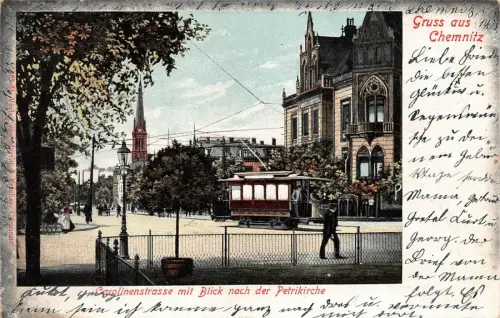 Gruss aus Chemnitz Carolinenstrasse m. Blick n. d. Petrikirche Postkarte AK 1903