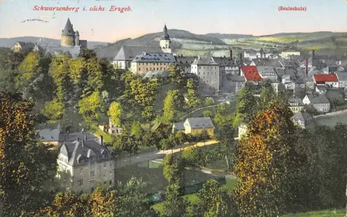 Stadtansicht und Realschule Schwarzenberg Erzgebirge Sachsen Postkarte AK 1923