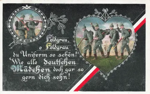 Feldgrau, o Feldgrau Spruchkarte mit Soldaten Reichsfahne Postkarte AK