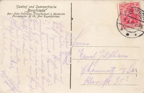 Schnellenbach b. Ründeroth Amt Engelskirchen Gasthof Bergfriede AK 1919