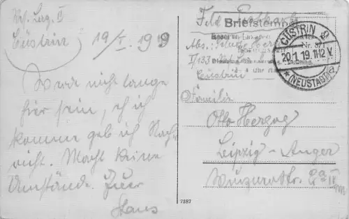 Cüstrin, An der Oderbrücke, Eisenbahnbrücke Schiffe, Feldpostkarte 1919