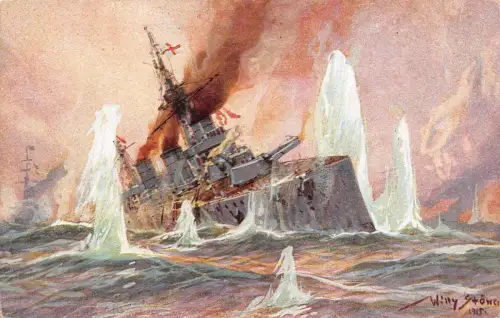 Englischer Schlachtkreuzer im Feuer deutscher Kreuzer Willy Stöwer Patriotika AK