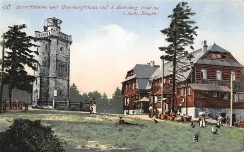 Aussichtsturm und Unterkunftshaus auf dem Auersberg Erzgebirge Sachsen Postkarte