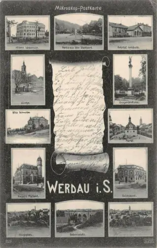Mikroskop-Postkarte mit Bahnhof und Postamt Werdau Sachsen Postkarte AK 1905