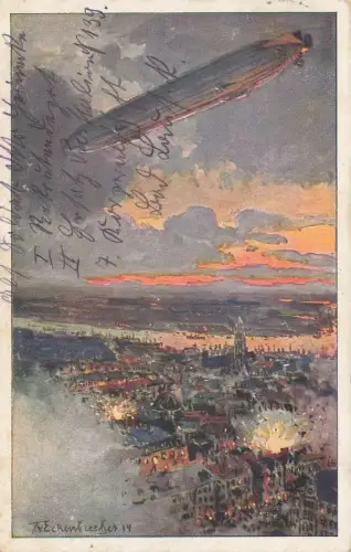 Zeppelin über Antwerpen Patriotika Postkarte AK 1915