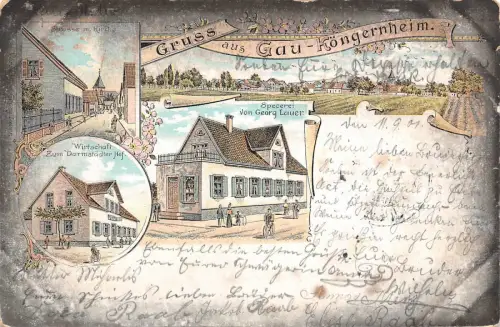 Gau - Köngernheim Specerei und Wirtschaft Litho Postkarte Bahnpost 1901