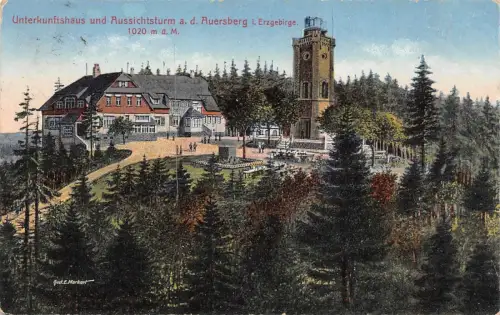 Unterkunftshaus und Aussichtsturm auf Auersberg Erzgebirge Sachsen AK 1922