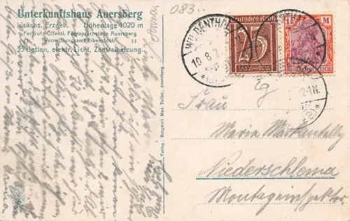 Unterkunftshaus und Aussichtsturm auf Auersberg Erzgebirge Sachsen AK 1922