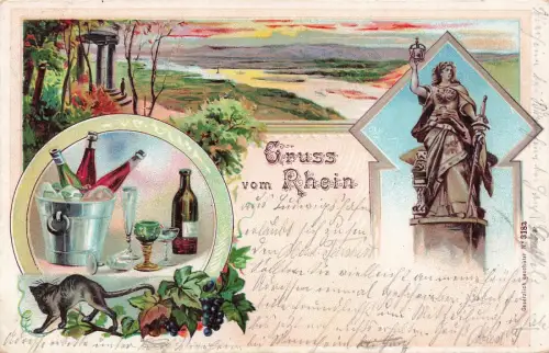 Gruss vom Rhein mit Germania Denkmal Hessen Litho Postkarte AK 1900