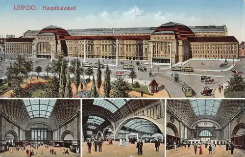 Leipzig Hauptbahnhof Kutsche Straßenbahn Auto Postkarte