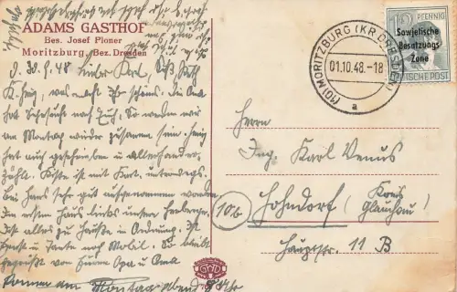 Adams Gasthof in Moritzburg Sachsen Postkarte AK 1948