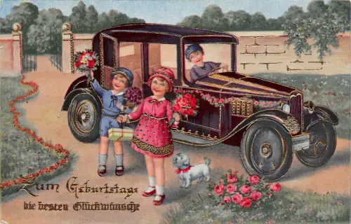 Kinder am Auto PKW Glückwunsch Postkarte 1934 Plauen Vogtland