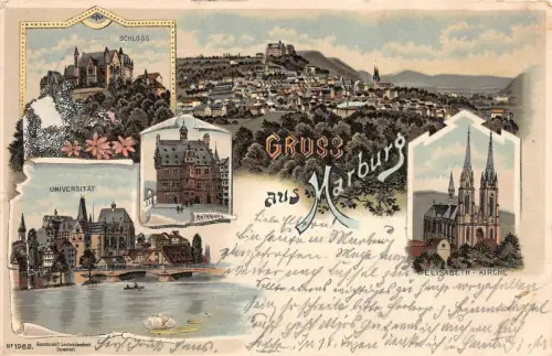 Gruss aus Marburg Schloss Universität Elisabeth-Kirche Postkarte AK 1900