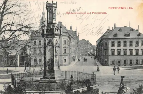 Freiberg i. Sa. Schwedendenkmal und Petersstrasse Postkarte AK 1907