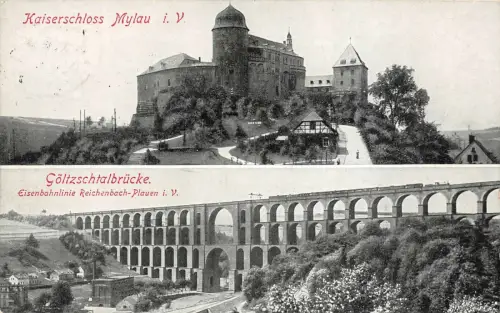 Kaiserschloss Mylau i. V. Göltzschtalbrücke Postkarte AK 1928