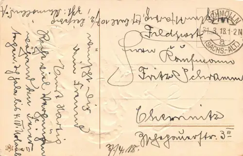 Fröhliche Ostern Mädchen mit Kranz AK geprägt Schmöln 1918