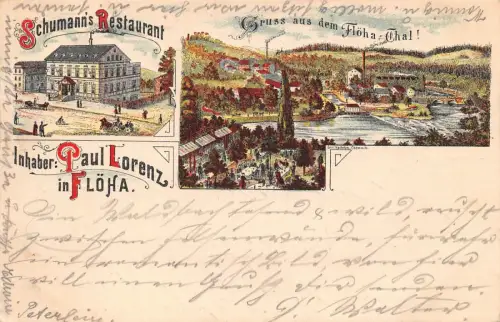 GRUSS aus FLÖHA-THAL Schuhmann`s Restaurant in FLÖHA AK Litho 1907