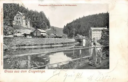 Gruss aus dem Erzgebirge Flossplatz mit Falkenhorst b. Wolkenstein AK 1905