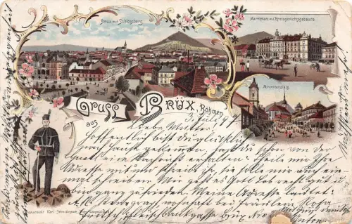Gruss aus Brüx Böhmen (Most) Schlossberg Minoritenplatz Postkarte AK 1897