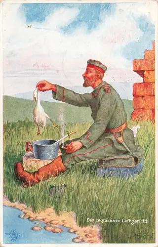 Das requirierte Leibgericht Soldat am Kochen Patriotika Postkarte AK 1916
