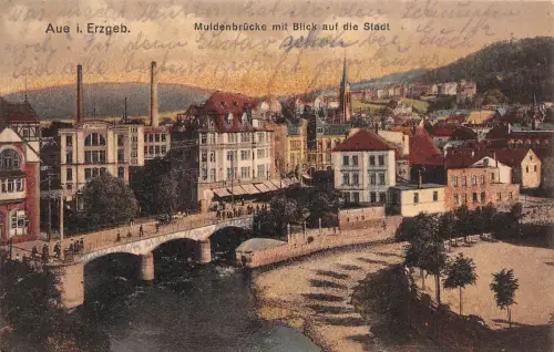 Aue i. Erzgeb. Muldenbrücke mit Blick auf die Stadt AK 1922