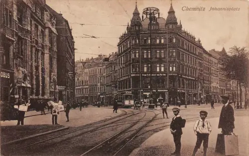 Chemnitz Johannisplatz Straßenbahn Postkarte 1916