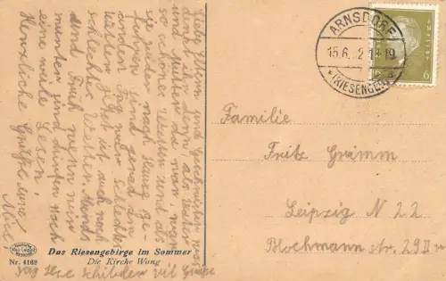 Das Riesengebirge im Sommer Die Kirche Wang Postkarte AK