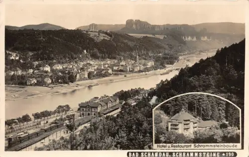 Stadtansicht und Hotel mit Restaurant in Bad Schandau Sachsen Postkarte AK