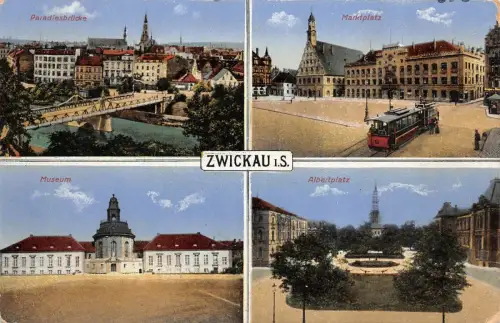 Marktplatz, Museum und Albertplatz in Zwickau Sachsen Postkarte AK 1918