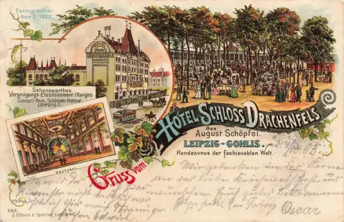 Grus vom Hotel Schloss Drachenfels Leipzig Sachsen Litho Postkarte AK 1903