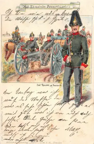 Königliche Sächsische Feldartillerie mit Feldhaubitze Patriotika Postkarte 1906